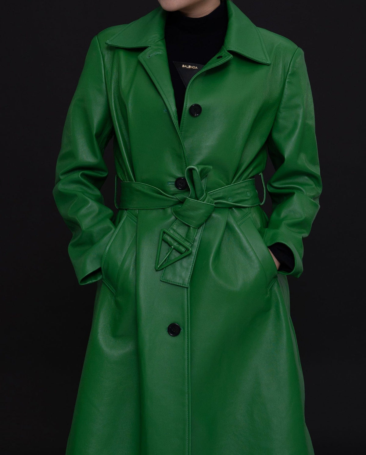 Green Belted Long Leather Trench Coat