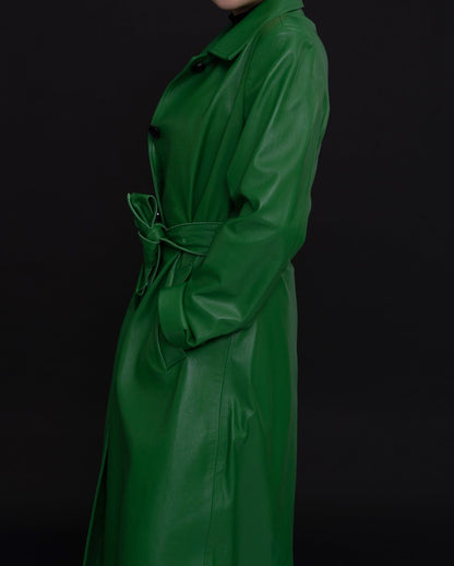 Green Belted Long Leather Trench Coat