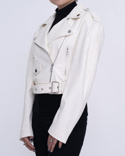Woman's Classic White Biker Cropped Leather Jacket