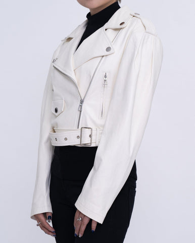 Woman's Classic White Biker Cropped Leather Jacket