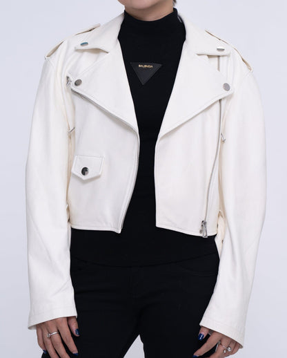 Woman's Classic White Biker Cropped Leather Jacket
