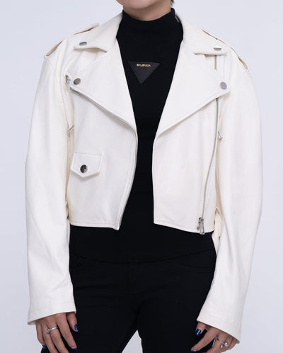 Woman's Classic White Biker Cropped Leather Jacket
