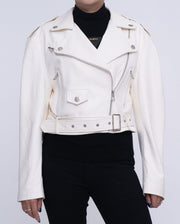 Woman's Classic White Biker Cropped Leather Jacket