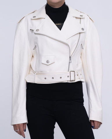 Woman's Classic White Biker Cropped Leather Jacket