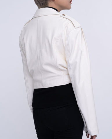 Woman's Classic White Biker Cropped Leather Jacket