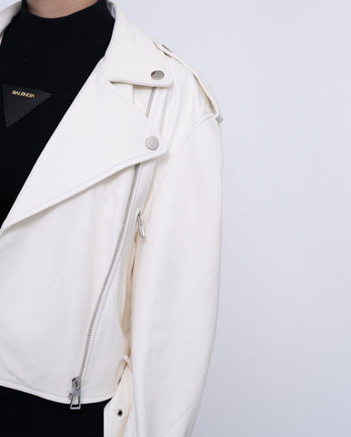 Woman's Classic White Biker Cropped Leather Jacket