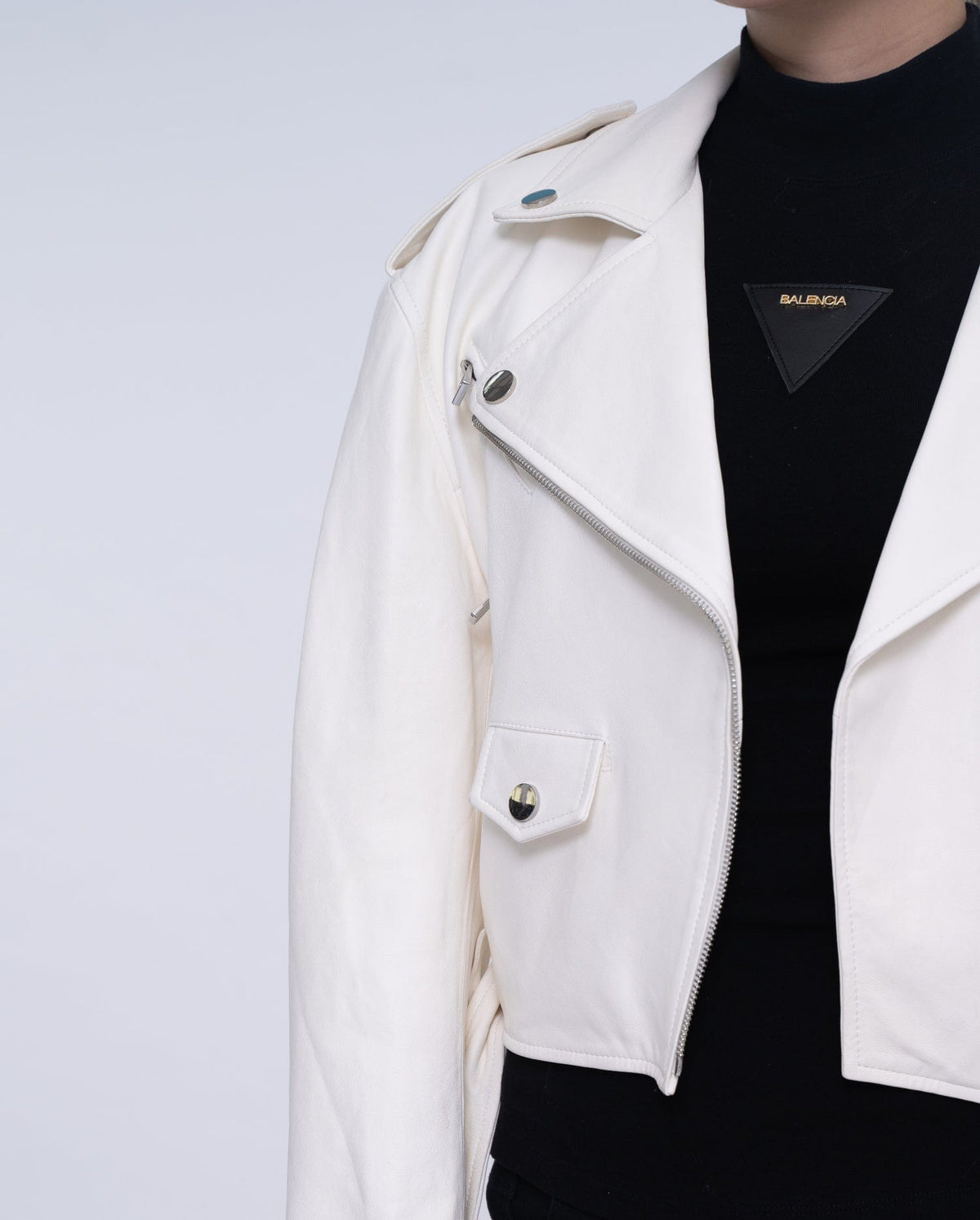 Woman's Classic White Biker Cropped Leather Jacket