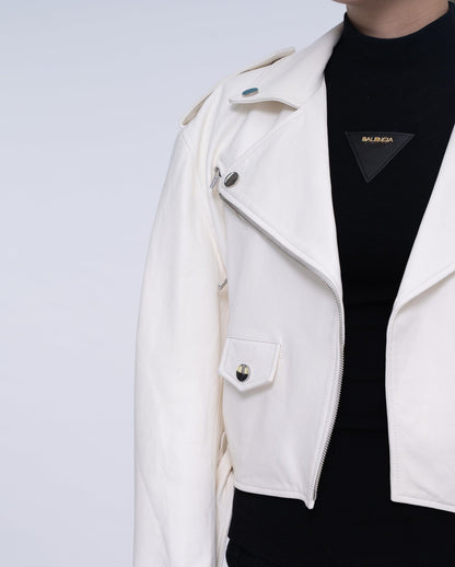 Woman's Classic White Biker Cropped Leather Jacket