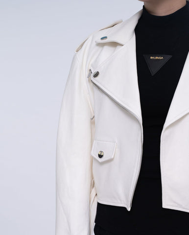 Woman's Classic White Biker Cropped Leather Jacket