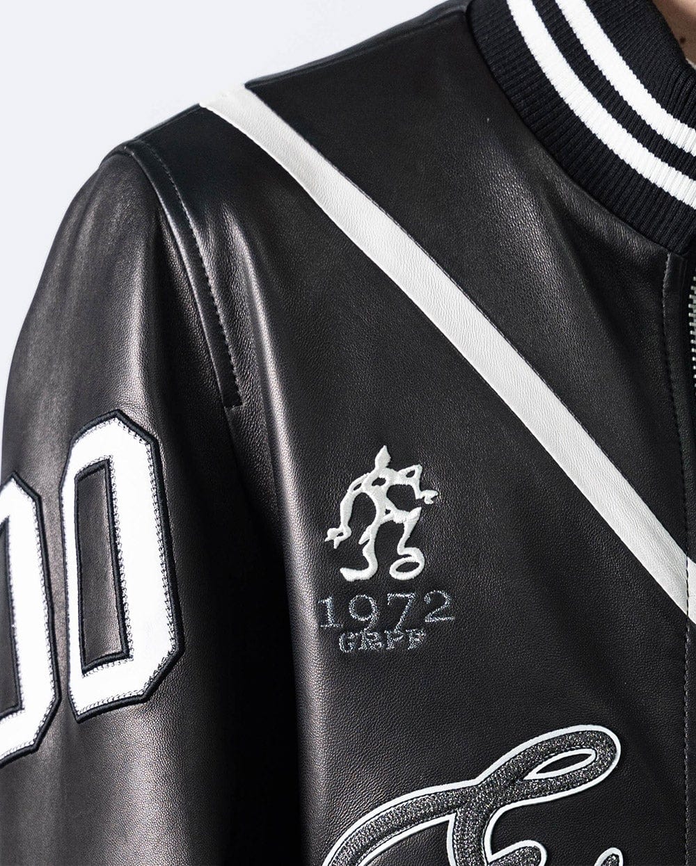 Black Pattern Patched Goatskin Leather Varsity Letterman Bomber Jacket