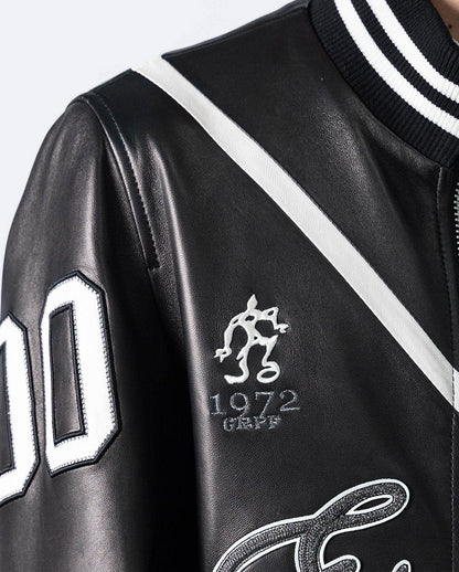 Black Pattern Patched Goatskin Leather Varsity Letterman Bomber Jacket