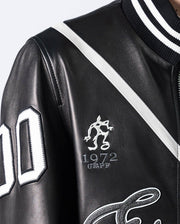 Black Pattern Patched Goatskin Leather Varsity Letterman Bomber Jacket