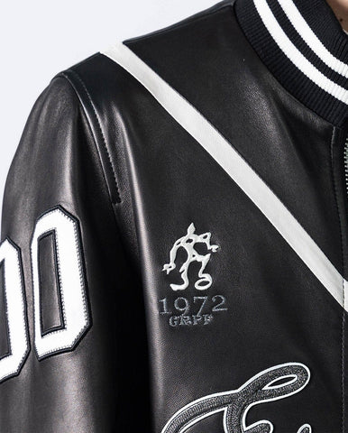 Black Pattern Patched Goatskin Leather Varsity Letterman Bomber Jacket