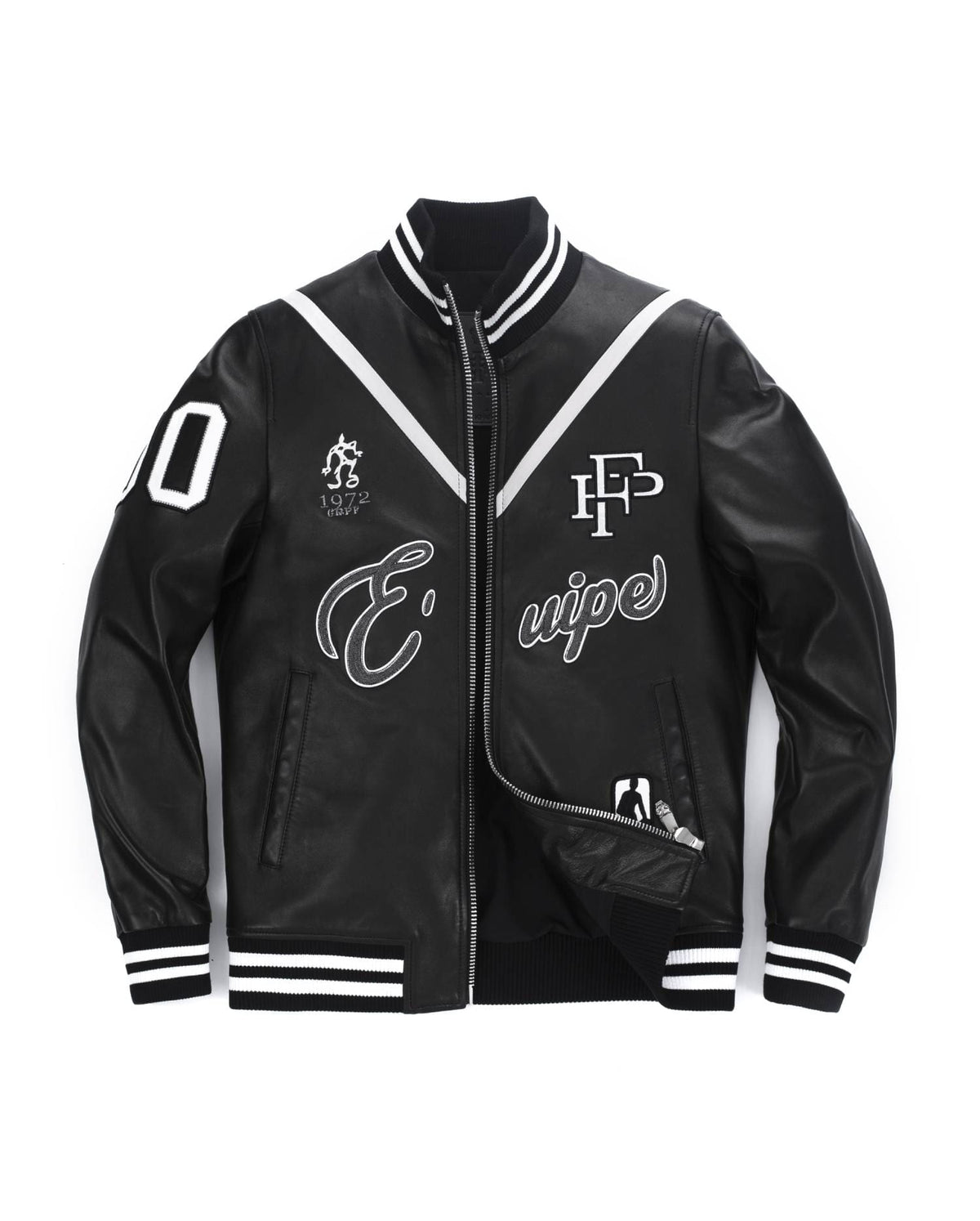 Black Pattern Patched Goatskin Leather Varsity Letterman Bomber Jacket