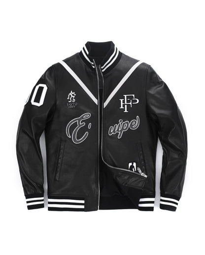 Black Pattern Patched Goatskin Leather Varsity Letterman Bomber Jacket