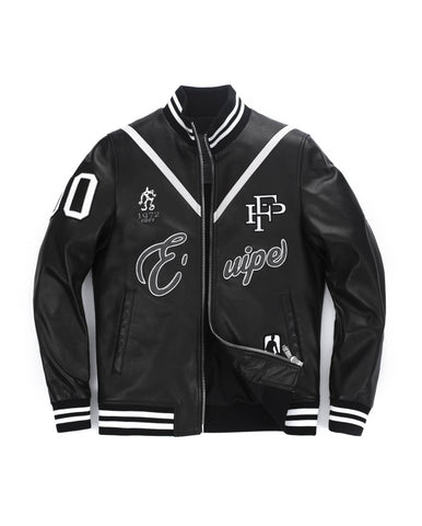 Black Pattern Patched Goatskin Leather Varsity Letterman Bomber Jacket