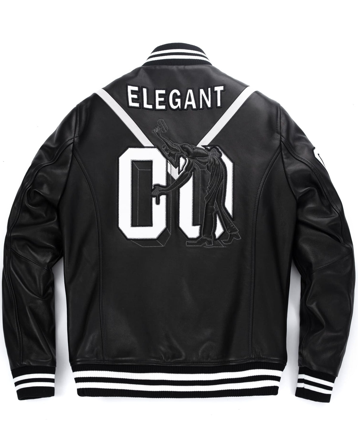 Black Pattern Patched Goatskin Leather Varsity Letterman Bomber Jacket