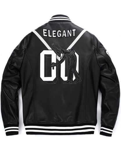 Black Pattern Patched Goatskin Leather Varsity Letterman Bomber Jacket