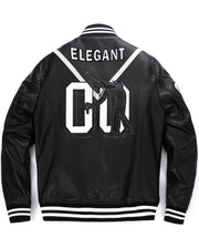 Black Pattern Patched Goatskin Leather Varsity Letterman Bomber Jacket