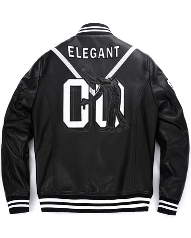 Black Pattern Patched Goatskin Leather Varsity Letterman Bomber Jacket
