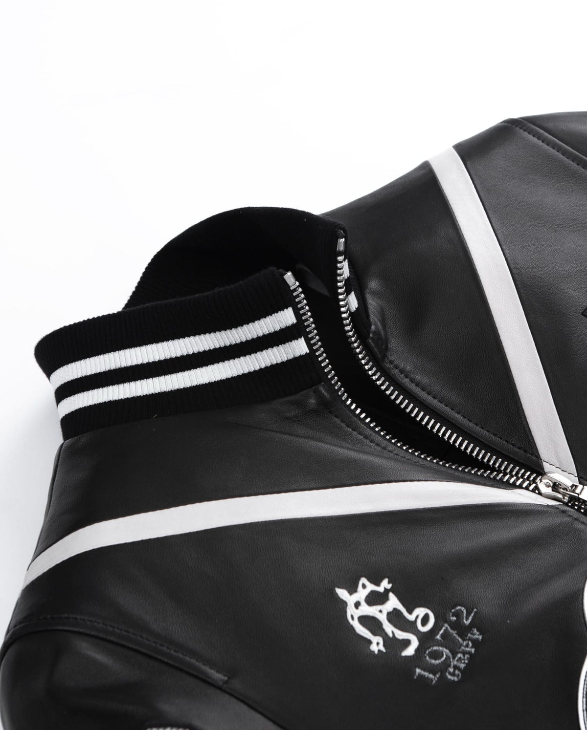 Black Pattern Patched Goatskin Leather Varsity Letterman Bomber Jacket