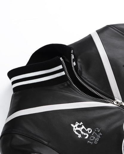 Black Pattern Patched Goatskin Leather Varsity Letterman Bomber Jacket