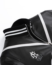 Black Pattern Patched Goatskin Leather Varsity Letterman Bomber Jacket