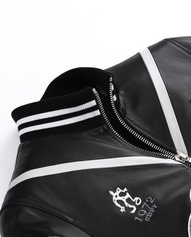 Black Pattern Patched Goatskin Leather Varsity Letterman Bomber Jacket