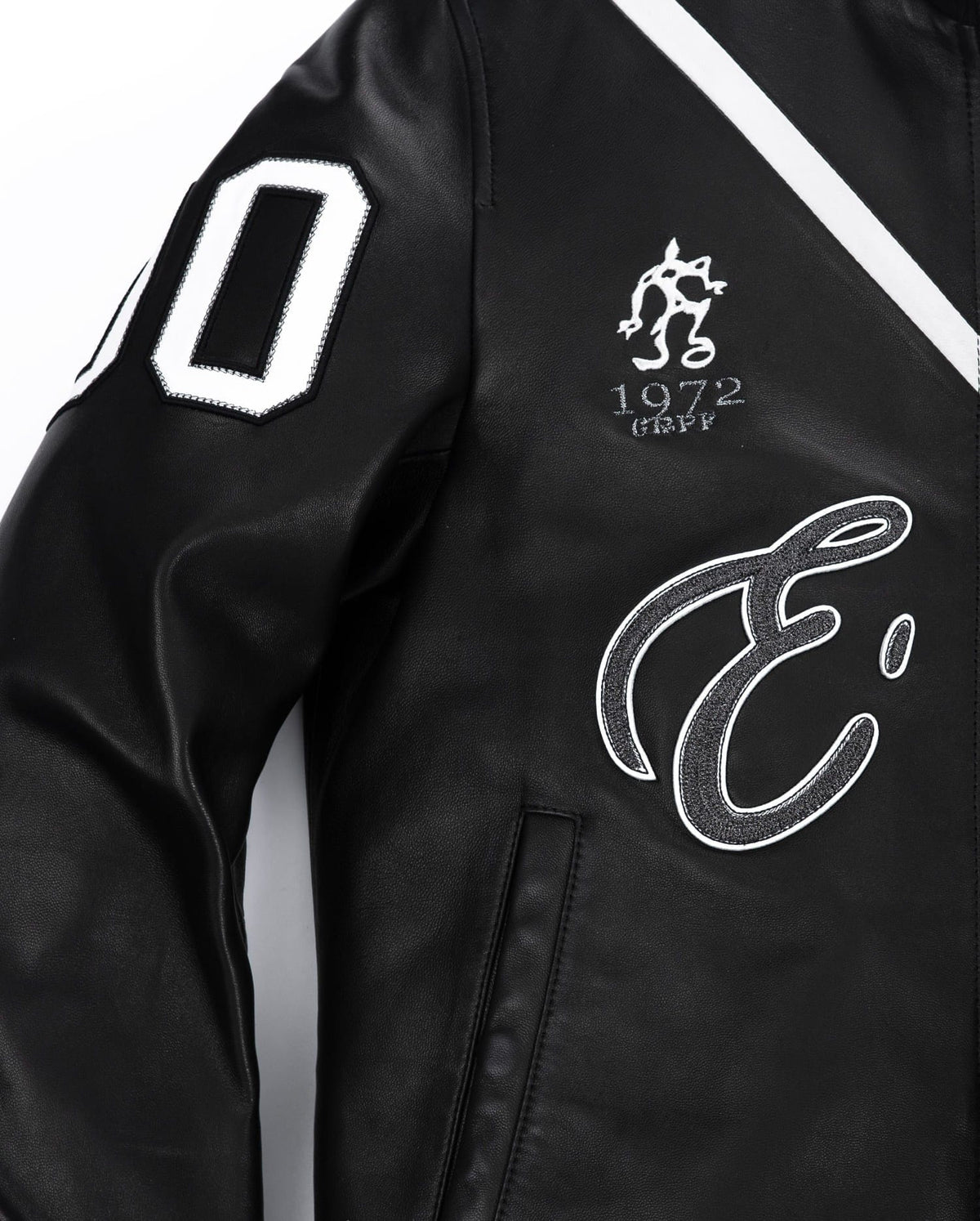 Black Pattern Patched Goatskin Leather Varsity Letterman Bomber Jacket