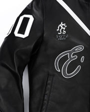 Black Pattern Patched Goatskin Leather Varsity Letterman Bomber Jacket