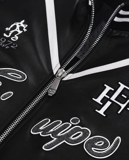 Black Pattern Patched Goatskin Leather Varsity Letterman Bomber Jacket