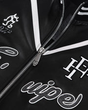 Black Pattern Patched Goatskin Leather Varsity Letterman Bomber Jacket