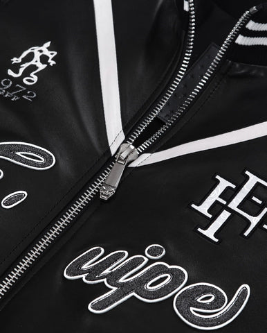 Black Pattern Patched Goatskin Leather Varsity Letterman Bomber Jacket