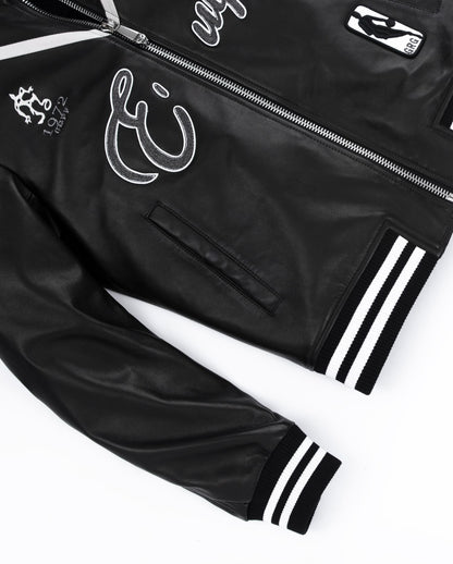 Black Pattern Patched Goatskin Leather Varsity Letterman Bomber Jacket