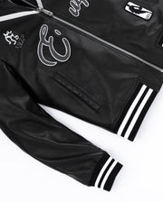 Black Pattern Patched Goatskin Leather Varsity Letterman Bomber Jacket