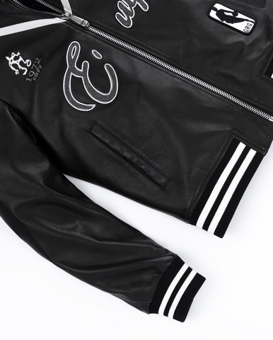 Black Pattern Patched Goatskin Leather Varsity Letterman Bomber Jacket