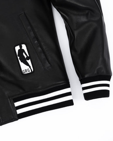 Black Pattern Patched Goatskin Leather Varsity Letterman Bomber Jacket