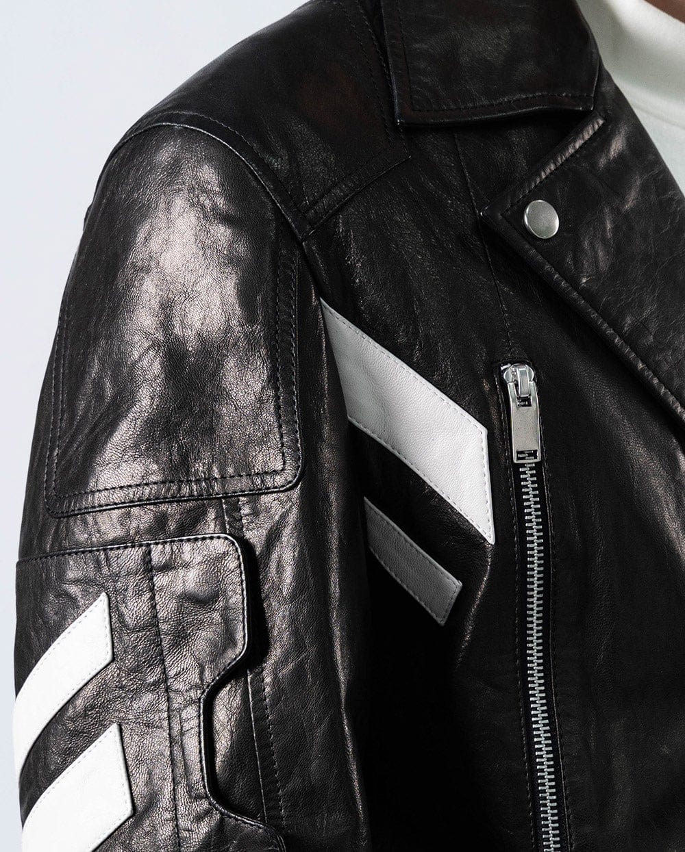 Black Embroidery Structured Quilted Leather Moto Biker Jacket