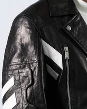 Black Embroidery Structured Quilted Leather Moto Biker Jacket