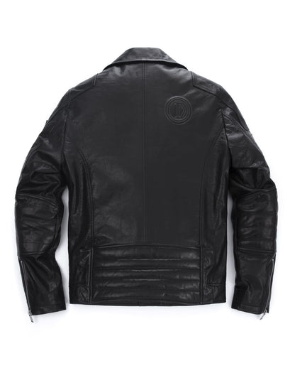 Black Embroidery Structured Quilted Leather Moto Biker Jacket