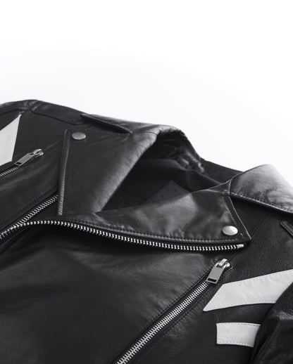 Black Embroidery Structured Quilted Leather Moto Biker Jacket
