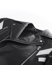 Black Embroidery Structured Quilted Leather Moto Biker Jacket