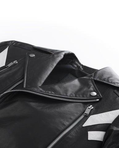 Black Embroidery Structured Quilted Leather Moto Biker Jacket