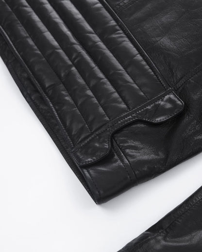 Black Embroidery Structured Quilted Leather Moto Biker Jacket