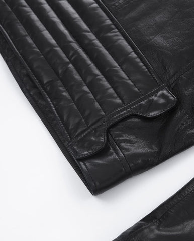 Black Embroidery Structured Quilted Leather Moto Biker Jacket