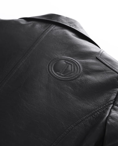 Black Embroidery Structured Quilted Leather Moto Biker Jacket