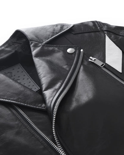 Black Embroidery Structured Quilted Leather Moto Biker Jacket