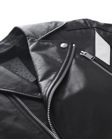 Black Embroidery Structured Quilted Leather Moto Biker Jacket