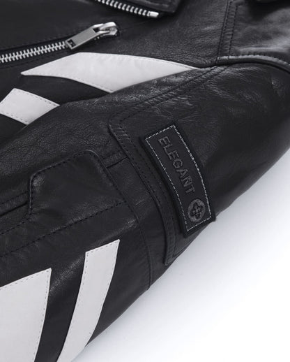 Black Embroidery Structured Quilted Leather Moto Biker Jacket