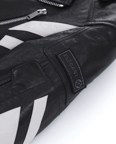 Black Embroidery Structured Quilted Leather Moto Biker Jacket